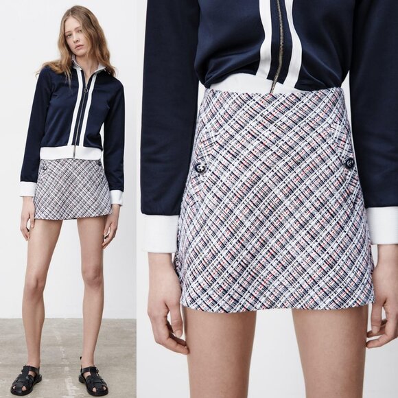 NEW Zara Tweed Textured Weave Nautical Anchor Button High Waist Mini Skirt S - Picture 5 of 10